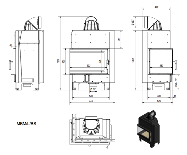 MBM 10 kW Leftt Corner Glass (without iron bracket) Insert Stove